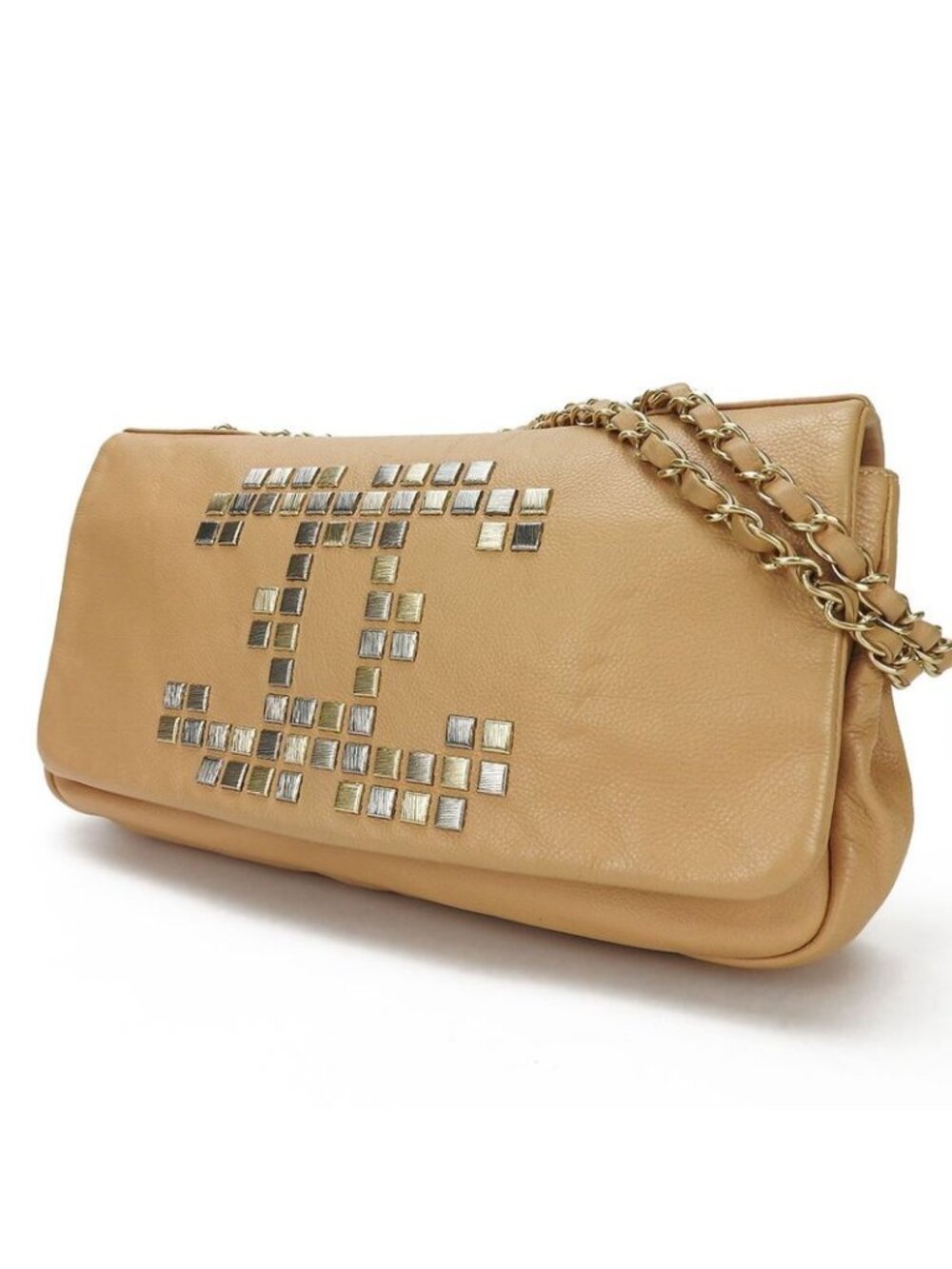 Chanel Shoulder Bag Chain Leather Beige Studded